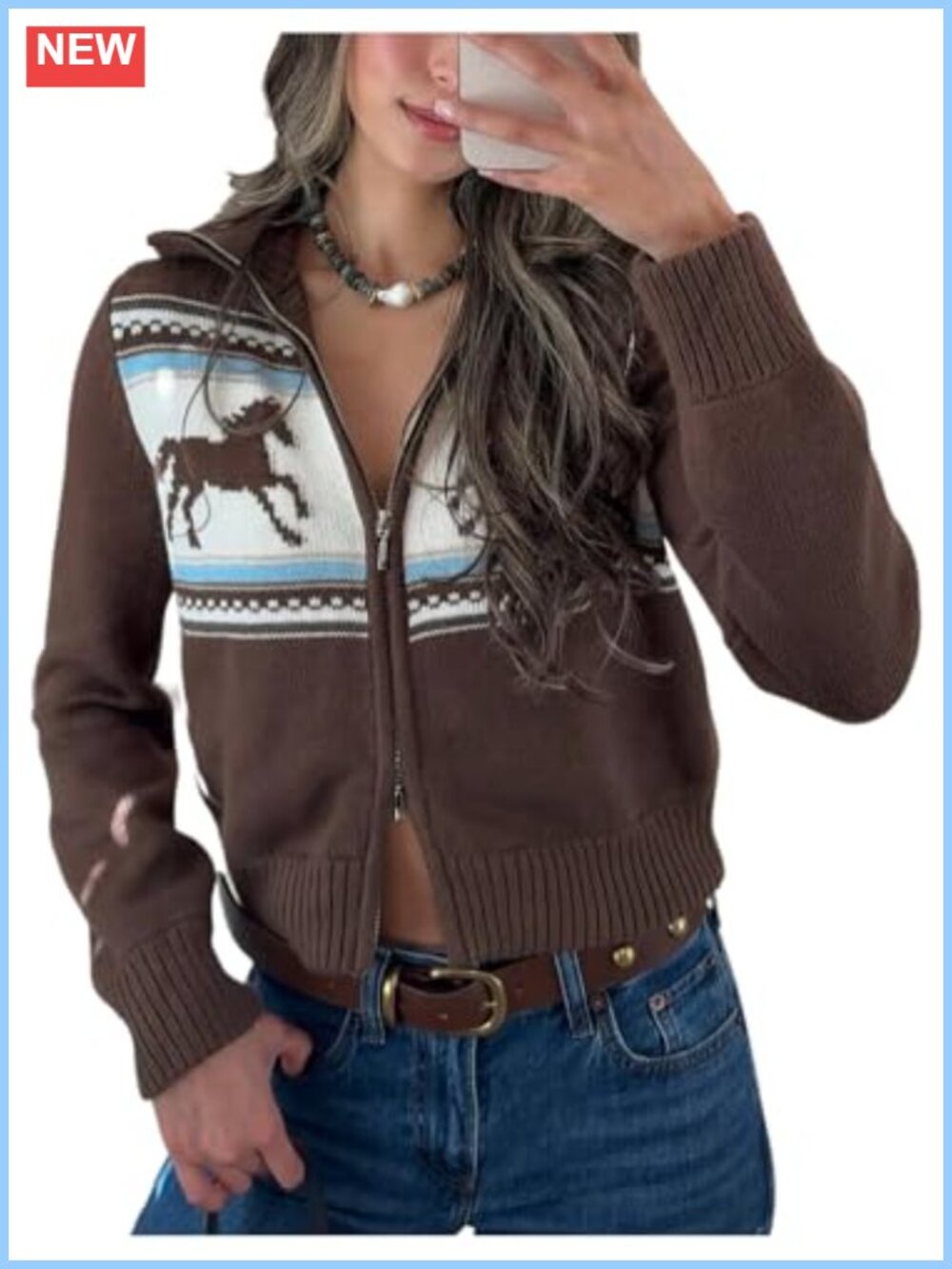 Women's Zip Up Cardigan Sweater Graphic Knit Tops Western Outfit